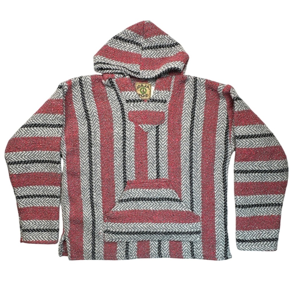 Baja Joe Striped Herringbone Drug Rug Hoodie Red Grey Black XL Made in Mexico